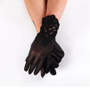 Spitze bestickte Tüll-Brauthandschuhe, schwarze schiere Hochzeithandschuhe, Abendhandschuhe für Frauen