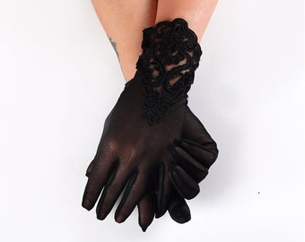 Lace Embroidered Tulle Bridal Gloves, Black Sheer Wedding Gloves, Evening Gloves for Women