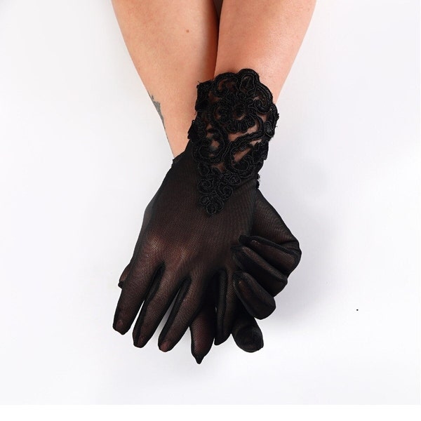 Lace Embroidered Tulle Bridal Gloves, Black Sheer Wedding Gloves, Evening Gloves for Women