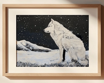 White Spirit Wolf, wolf painting, wolf wall art, grey wolf, wolf canvas, texas wall art, yellowstone national art, black and white mountains