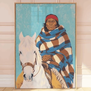May include: A painting of a Native American man wearing a blue, brown and white blanket riding a white horse. The background is a light blue.