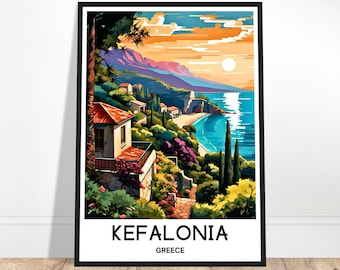 May include: A colorful illustration of a seaside town in Kefalonia, Greece. The image features a small village with houses, a beach, and a mountain in the background. The sky is a vibrant orange and yellow, with a bright white sun shining down.