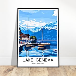 Lake Geneva Travel Print Lake Geneva Poster Swiss Art Print Switzerland Lover Gift Wall Hanging Home Office Decor Lake Geneva Illustration