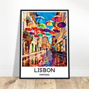 Lisbon Travel Print Lisbon Umbrella Street Poster Portuguese Art Print Portugal Lover Gift Wall Hanging Home Decor Lisbon Illustration