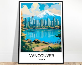 May include: A colourful illustration of the Vancouver skyline with a mountain in the background. The city is reflected in the water in the foreground. The text "VANCOUVER CANADA" is at the bottom of the image.