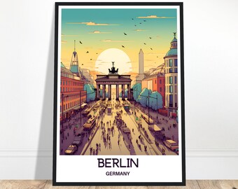 May include: A colorful illustration of the Brandenburg Gate in Berlin, Germany. The gate is surrounded by buildings and trees, and there are people walking in the street. The sun is setting in the background.