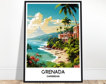 May include: A colorful illustration of a tropical beach scene with a house on a cliff overlooking the ocean. The text "GRENADA CARIBBEAN" is at the bottom of the image.