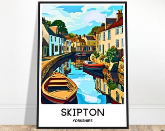 Puede incluir: Una ilustración colorida de un canal en Skipton, Yorkshire. El canal está bordeado de edificios y hay barcos en el agua. El texto "SKIPTON" y "YORKSHIRE" está en la parte inferior de la imagen.