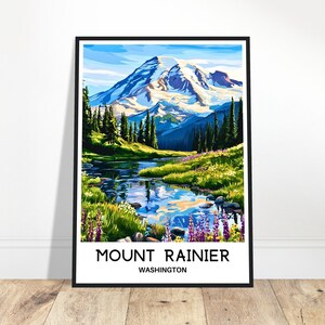 Impression de voyage Mount Rainier Poster Mount Rainier impression d'art américain Cadeau pour amoureux de Washington Tenture murale Décoration d'intérieur Illustration du Mont Rainier
