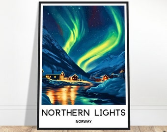 May include: A poster with a scenic view of the Northern Lights over a snowy landscape with a small village in the foreground. The poster has the text "Northern Lights" and "Norway" printed on it.