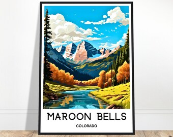 Lámina de viaje de Maroon Bells, póster de Maroon Bells, impresión artística americana, regalo para amantes de Estados Unidos, arte para colgar en la pared, decoración para el hogar y la oficina, ilustración de Colorado