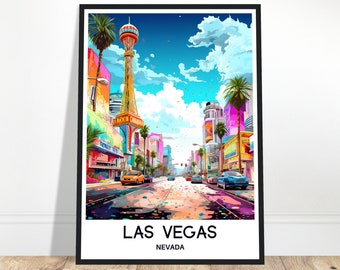 May include: A colorful illustration of the Las Vegas skyline with a tall tower in the center. The illustration features a bright blue sky with white clouds, palm trees, and cars driving down a street. The text "LAS VEGAS" and "NEVADA" are at the bottom of the image.