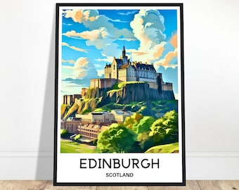 May include: A colorful illustration of Edinburgh Castle in Scotland. The castle is perched on a hilltop with green trees and a blue sky with white clouds. The text "EDINBURGH" and "SCOTLAND" is printed below the image.