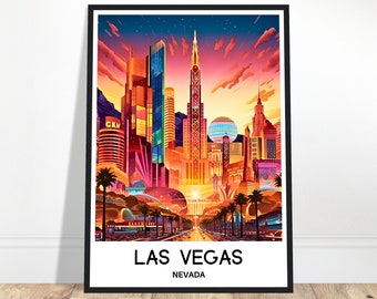 May include: A colorful illustration of the Las Vegas skyline at sunset. The image features tall buildings, palm trees, and a bright, colorful sky. The text "LAS VEGAS" and "NEVADA" is at the bottom of the image.