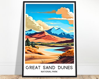 Impresión de viaje del Parque Nacional Great Sand Dunes Póster de Great Sand Dunes Impresión de arte estadounidense Regalo para amantes de Colorado Ilustración de arte para colgar en la pared