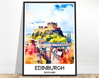 May include: A watercolour painting of Edinburgh Castle in Scotland. The castle is perched on a hilltop overlooking the city. The painting is in a black frame.