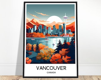 Stampa di viaggio di Vancouver Poster di Vancouver Stampa artistica canadese Regalo per gli amanti del Canada Appeso a parete Decorazione per la scrivania dell'ufficio domestico Illustrazione della città di Vancouver