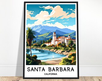 May include: A framed art print featuring a colorful illustration of Santa Barbara, California. The artwork depicts a coastal scene with a mission-style building, palm trees, and mountains under a blue sky. The text "SANTA BARBARA CALIFORNIA" is at the bottom.