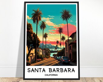 May include: A colorful illustration of a street scene in Santa Barbara, California. Palm trees line the street, with houses and cars in the background. The sky is a vibrant blue with pink and orange clouds.