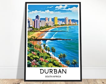 May include: A colourful illustration of the Durban skyline with palm trees and a beach in the foreground. The text "DURBAN" and "SOUTH AFRICA" is at the bottom of the image.