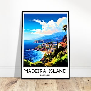 May include: A colorful illustration of a coastal town on Madeira Island, Portugal. The image features a blue ocean, green hills, and white buildings. The text "Madeira Island, Portugal" is at the bottom of the image.