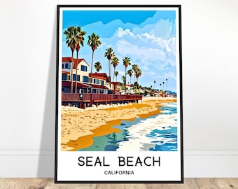 Póster de viaje de Seal Beach, impresión artística americana, regalo para amantes de California, colgante de pared, ilustración de Seal Beach, decoración para el hogar, la oficina y la habitación.