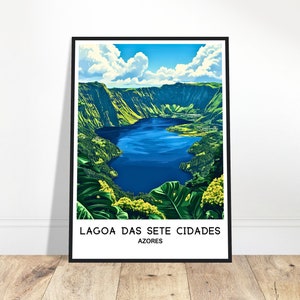 May include: A colourful illustration of Lagoa das Sete Cidades, a volcanic crater lake in the Azores, Portugal. The lake is a vibrant blue, surrounded by lush green hills and a bright blue sky with fluffy white clouds. The text "Lagoa das Sete Cidades, Azores" is at the bottom of the image.