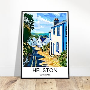 Impresión de viaje de Helston, póster de Cornualles, impresión de arte inglés, regalo para amantes de Inglaterra, arte para colgar en la pared, ilustración de la ciudad de Helston, decoración para el hogar y la oficina