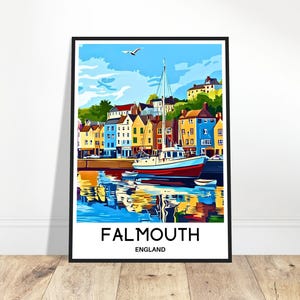 Impresión de viaje de Falmouth, póster de Cornualles, impresión de arte inglés, regalo para amantes de Inglaterra, arte para colgar en la pared, ilustración de la ciudad de Falmouth, decoración para el hogar y la oficina