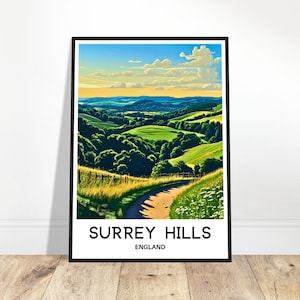 Impresión de viaje de Surrey Hills Póster de Surrey Hills Impresión de arte inglés Regalo para amantes de Inglaterra Arte para colgar en la pared Ilustración de Surrey Hills Decoración del hogar