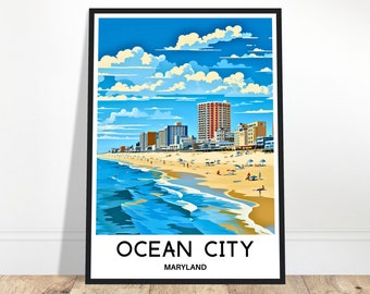 Lámina de viaje de Ocean City, póster de Ocean City, impresión artística americana, regalo para amantes de Maryland, arte para colgar en la pared, ilustración de Ocean City, decoración para el hogar o la oficina
