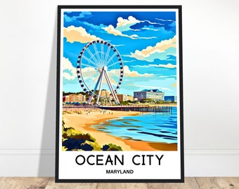 Impresión de viaje de Ocean City Póster de Ocean City Impresión de arte estadounidense Regalo para amantes de Maryland Arte para colgar en la pared Ilustración de Ocean City Decoración para el hogar y la oficina