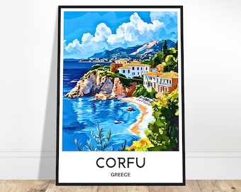 May include: A colorful illustration of a coastal town in Corfu, Greece. The image features white buildings with red tile roofs, a blue sea, and green trees. The text "CORFU GREECE" is at the bottom of the image.