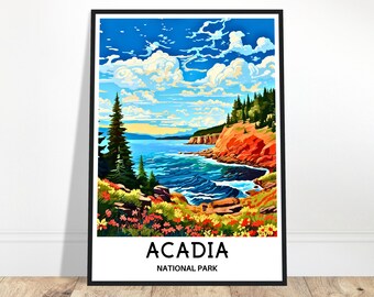 Puede incluir: Una ilustración colorida de una escena costera con un acantilado rocoso, agua azul y árboles verdes. El texto "Acadia National Park" está en la parte inferior de la imagen.