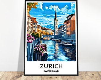 Zurich Travel Print Zurich Poster Swiss Art Print Switzerland Lover Gift Wall Hanging Home Office Desk Decor Zurich Illustration
