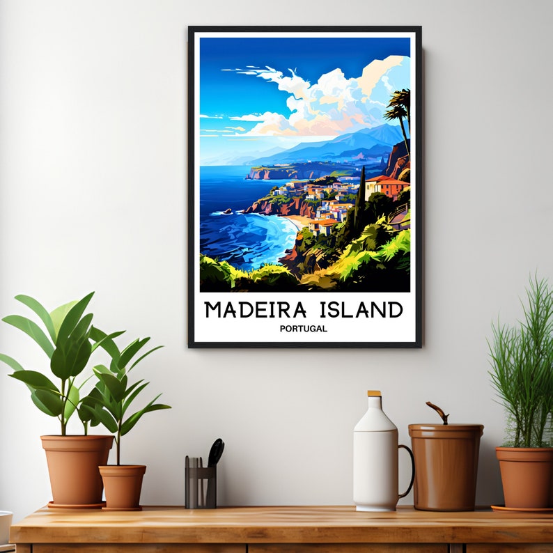 May include: A colorful illustration of a coastal town on Madeira Island, Portugal. The image features a blue ocean, green cliffs, white buildings, and a bright blue sky with white clouds. The text "Madeira Island, Portugal" is printed below the image.