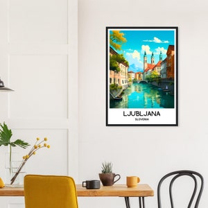 May include: A colorful illustration of Ljubljana, Slovenia, with a canal running through the city. The illustration features buildings, a bridge, and a boat on the water. The text "LJUBLJANA" and "SLOVENIA" is at the bottom of the illustration.
