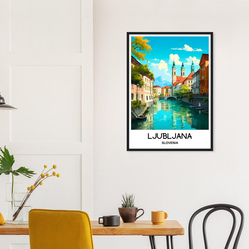 May include: A colorful illustration of Ljubljana, Slovenia, with a canal running through the city. The illustration features buildings, a bridge, and a boat on the water. The text "LJUBLJANA" and "SLOVENIA" is at the bottom of the illustration.
