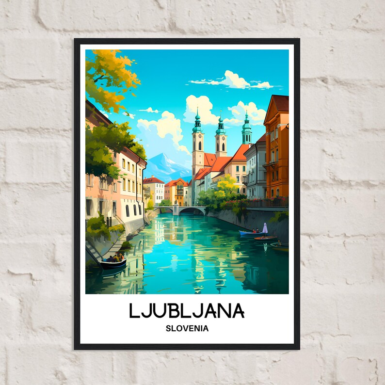 May include: A colorful illustration of Ljubljana, Slovenia, featuring a canal with buildings and a church on either side. The text "LJUBLJANA" and "SLOVENIA" is at the bottom of the image.