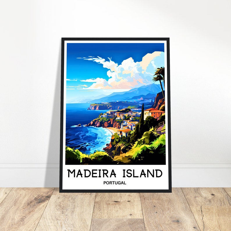 May include: A colorful illustration of a coastal town on Madeira Island, Portugal. The image features a blue ocean, green hills, and white buildings. The text "Madeira Island, Portugal" is at the bottom of the image.