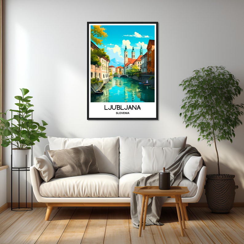 May include: A colorful illustration of Ljubljana, Slovenia, featuring a canal with buildings on either side and a church in the background. The text "LJUBLJANA" and "SLOVENIA" is printed below the image.
