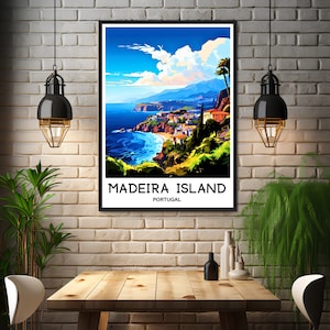 May include: A colorful illustration of a coastal town on Madeira Island, Portugal. The image features a blue ocean, green hills, and white buildings. The text "Madeira Island" and "Portugal" is printed below the image.