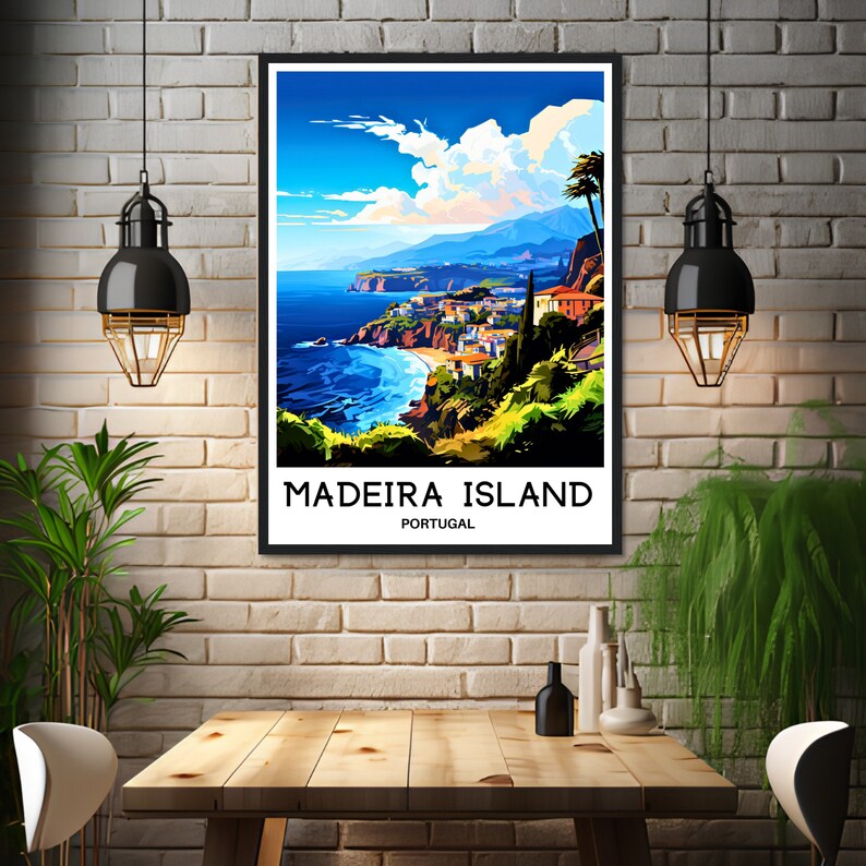 May include: A colorful illustration of a coastal town on Madeira Island, Portugal. The image features a blue ocean, green hills, and white buildings. The text "Madeira Island" and "Portugal" is printed below the image.