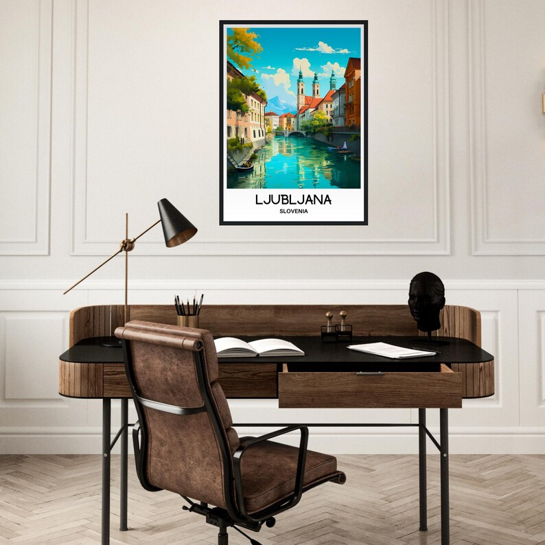May include: A vintage travel poster featuring a colorful illustration of Ljubljana, Slovenia. The poster shows a cityscape with buildings, a river, and a bridge. The text "LJUBLJANA" and "SLOVENIA" is printed at the bottom of the poster.