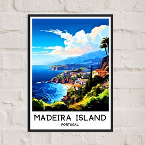 May include: A colorful illustration of a coastal town on Madeira Island, Portugal. The image features a blue ocean, green hills, white buildings, and a bright blue sky with fluffy white clouds. The text "Madeira Island, Portugal" is printed at the bottom of the image.