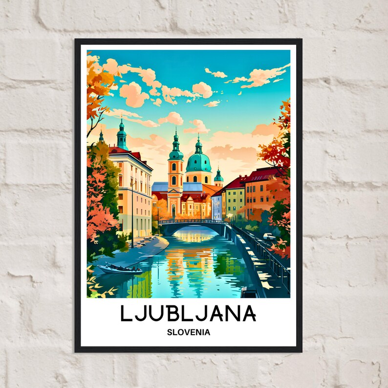 Pu&ograve; includere: Un'illustrazione colorata di Lubiana, Slovenia, che mostra un fiume che scorre attraverso la citt&agrave; con edifici su entrambi i lati. Il cielo &egrave; blu con nuvole bianche e gli edifici sono un mix di giallo, arancione e rosso. Il testo "LJUBLJANA" e "SLOVENIA" &egrave; nella parte inferiore dell'immagine.