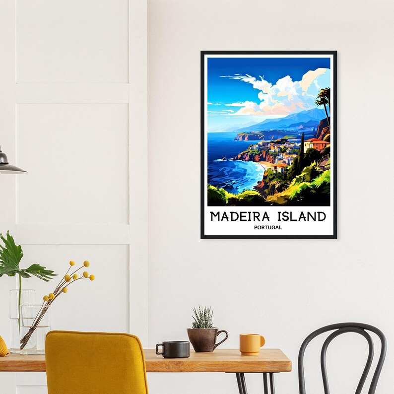 May include: A colorful illustration of Madeira Island, Portugal, with a view of the coastline and buildings. The text "Madeira Island, Portugal" is at the bottom of the image.
