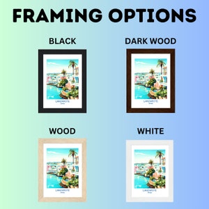 May include: Four framing options for a print of a colorful illustration of a waterfront scene in Lanzarote, Spain. The framing options are black, dark wood, wood, and white.