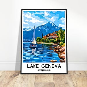 Lake Geneva Travel Print Lake Geneva Poster Swiss Art Print Switzerland Lover Gift Wall Hanging Home Office Decor Lake Geneva Illustration