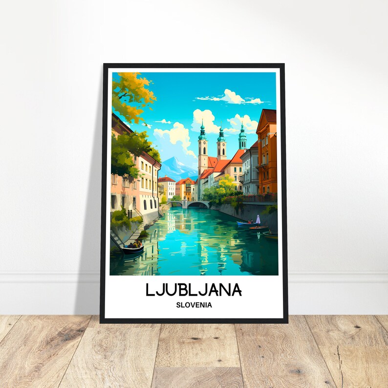 May include: A colorful illustration of Ljubljana, Slovenia, featuring a canal with boats and buildings along the banks. The text "LJUBLJANA" and "SLOVENIA" is at the bottom of the image.
